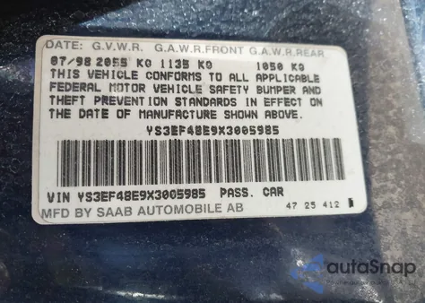 1999 Saab 9-5 Se из США, поврежденный, VIN YS3EF48E9X3005985